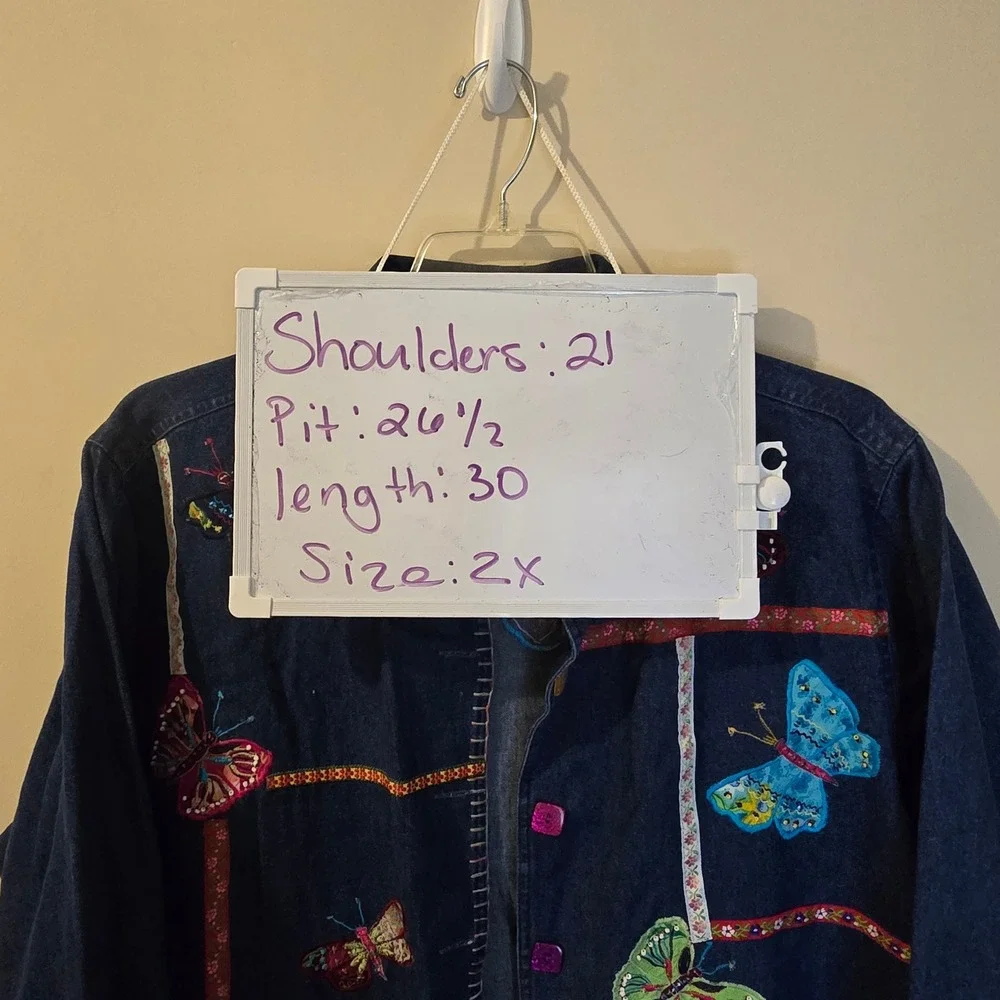 Life Style Woman Butterfly Denim Jacket Embroidered Blue Cotton Plus Size 2X Y2K